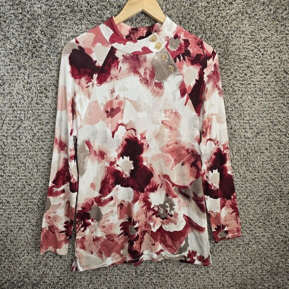 Chicos Top Womens 0 US Small Pink Floral Print Tunic Button Mock Neck Cozisoft - Picture 1 of 7